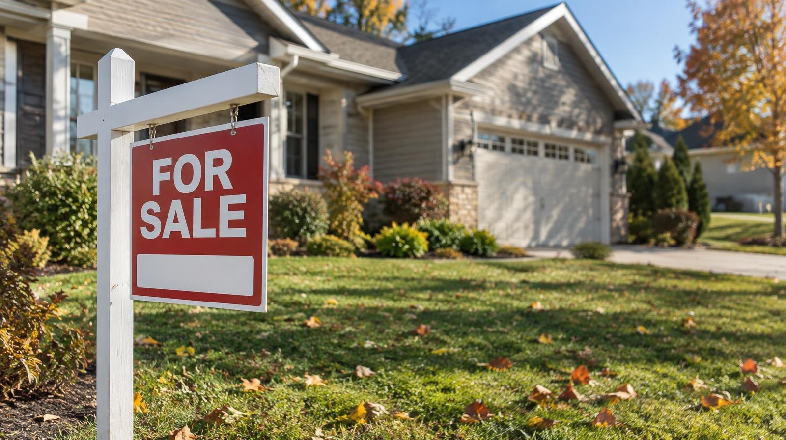 A suburban house with a manicured lawn, attached garage, and a for-sale sign on an autumn day.