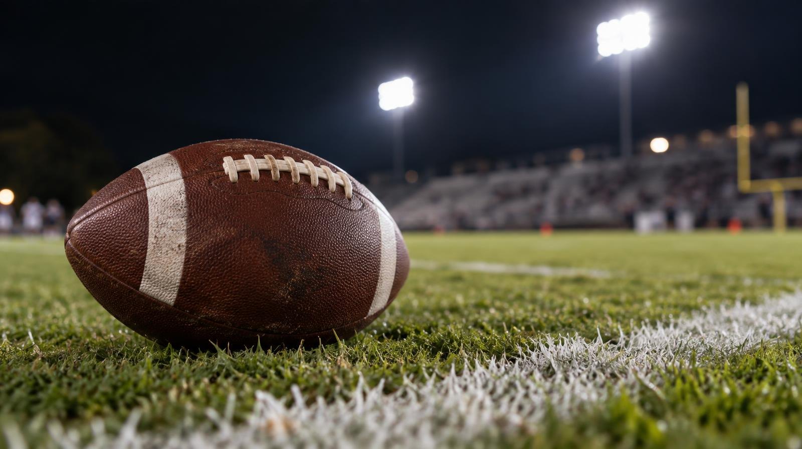 An American football on a grass field near a white yard line under bright stadium lights.