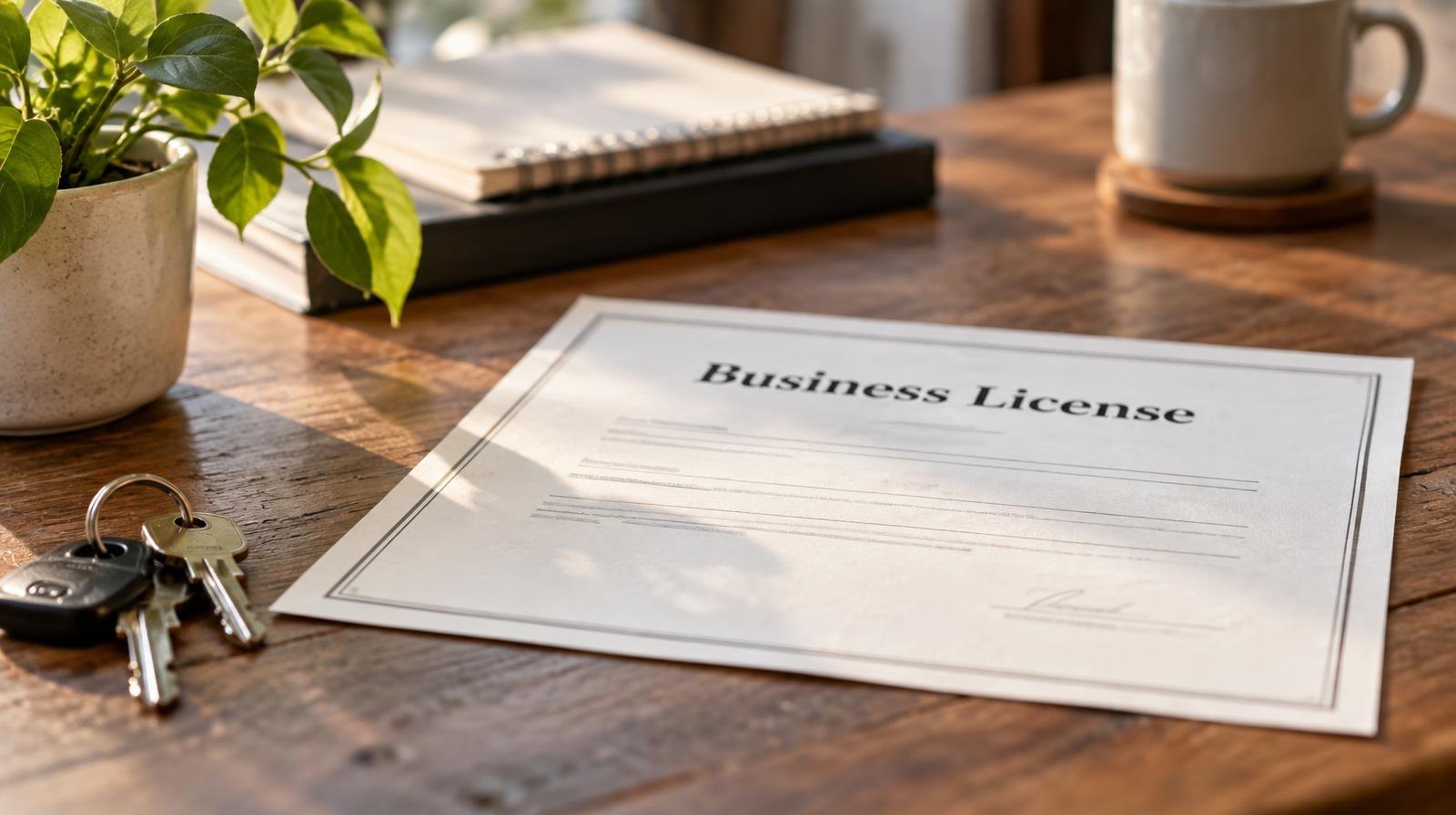 A business license document resting on a wooden desk beside keys and a small plant.