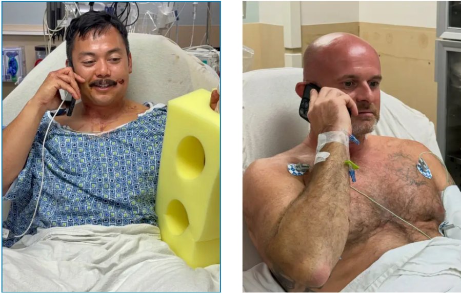 Two men in hospital beds, each holding a phone to their ear, with medical monitoring equipment attached.