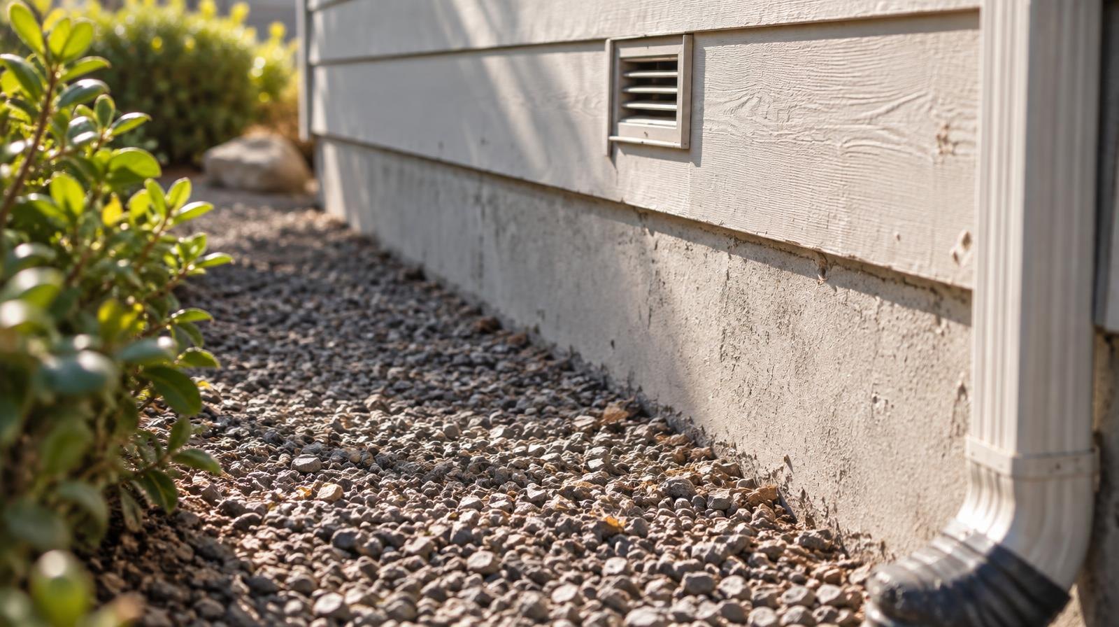 Bare gravel buffer zone along a house foundation, cleared of dry vegetation.
