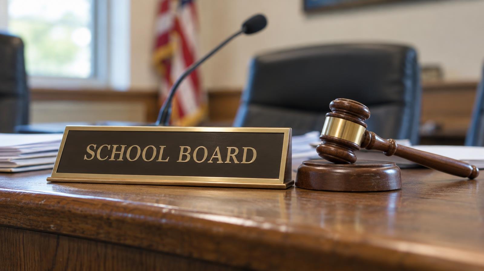 A wooden gavel and nameplate resting on a dais table in an empty meeting chamber.