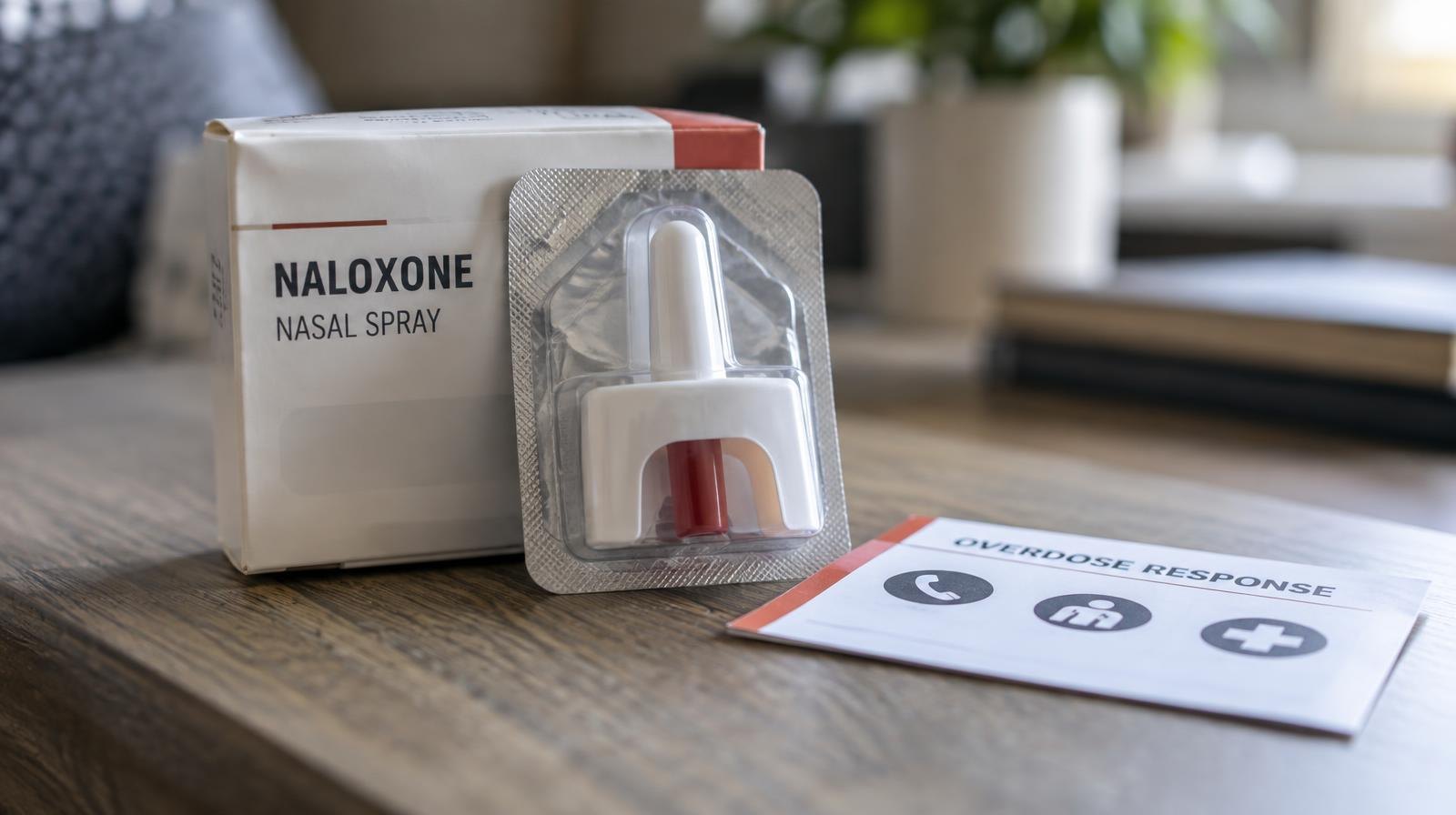Naloxone nasal spray kit in packaging on a flat surface.