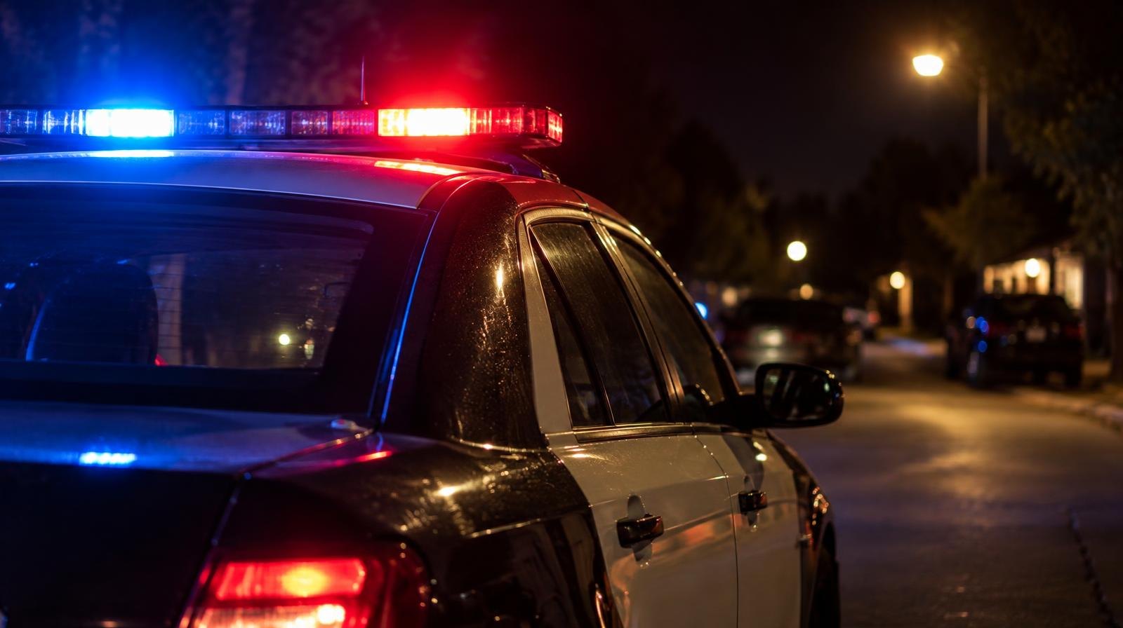 A police patrol car with red and blue emergency lights illuminated at night.