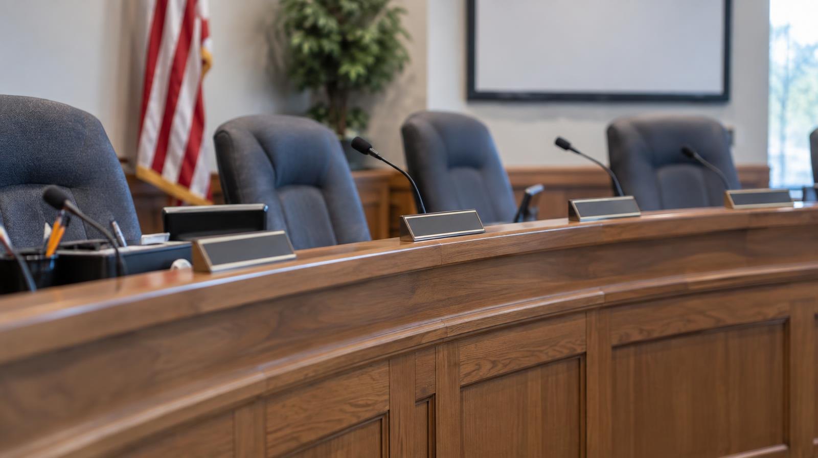 Empty curved wooden dais with name placards and microphones in a meeting room.