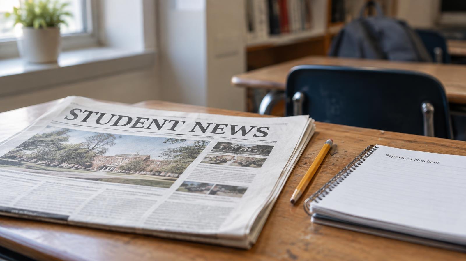 An open newspaper spread on a desk next to a pencil and a reporter's notebook.