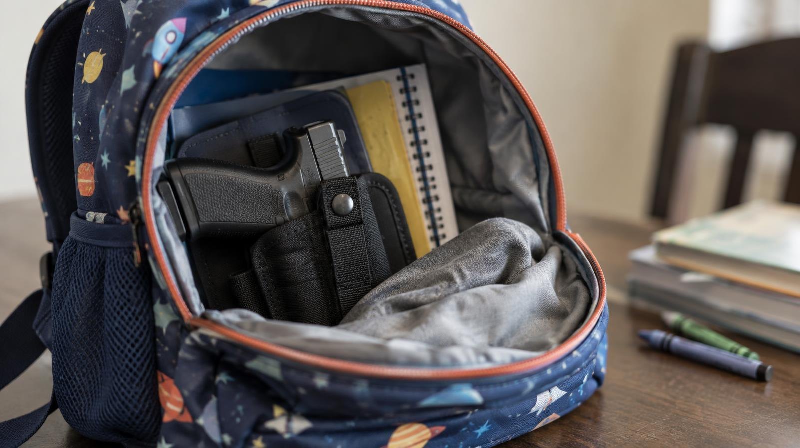 Open child's backpack on a table with a holstered handgun inside.