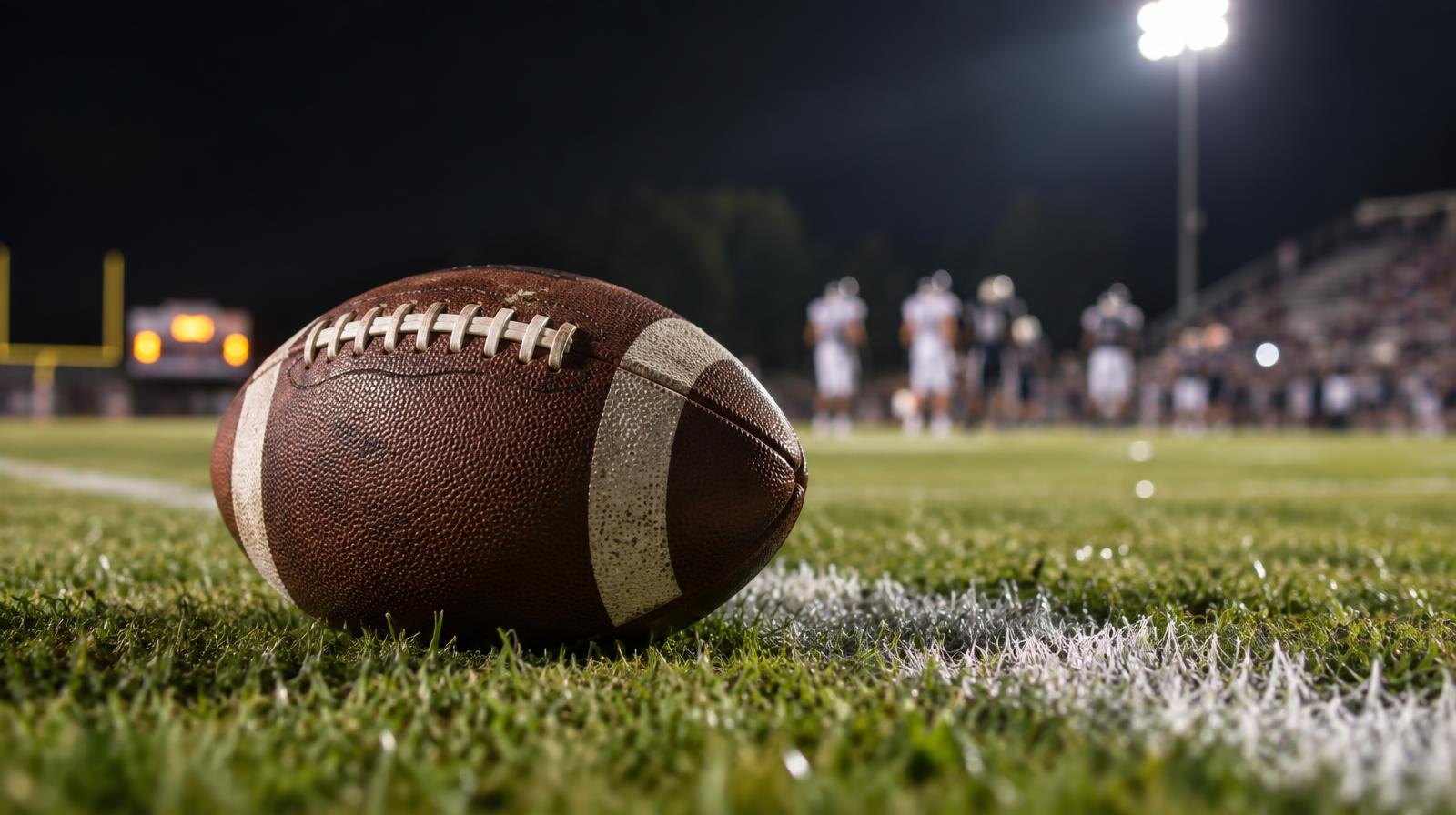 An American football resting on green grass beside a painted white yard line.
