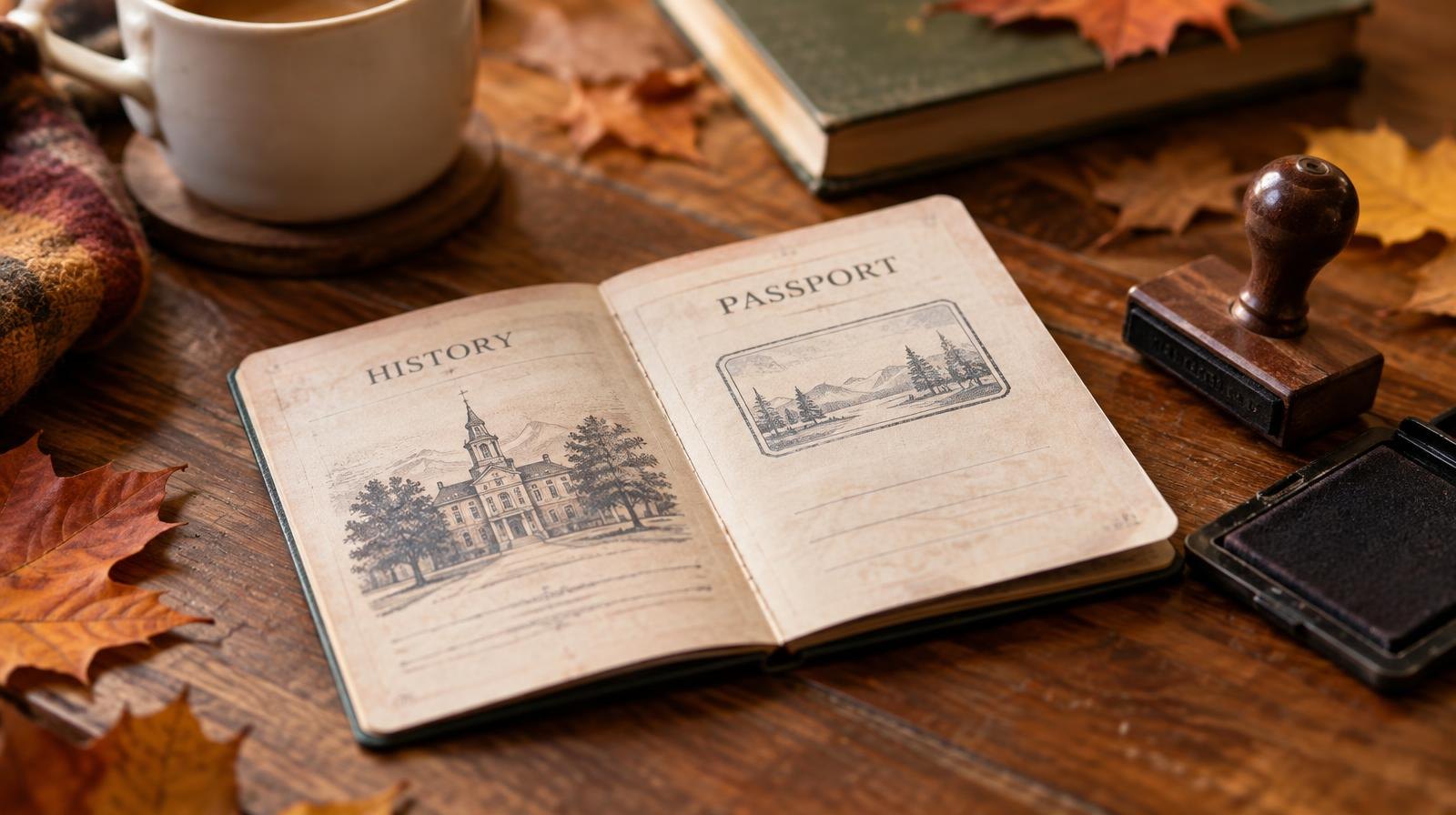 Open passport booklet beside a rubber stamp and ink pad on a wooden table with autumn leaves.