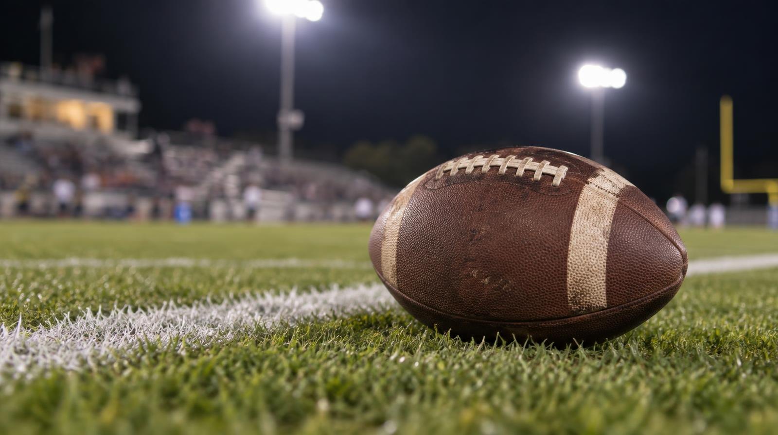 An American football resting on green grass beside a painted white yard line.