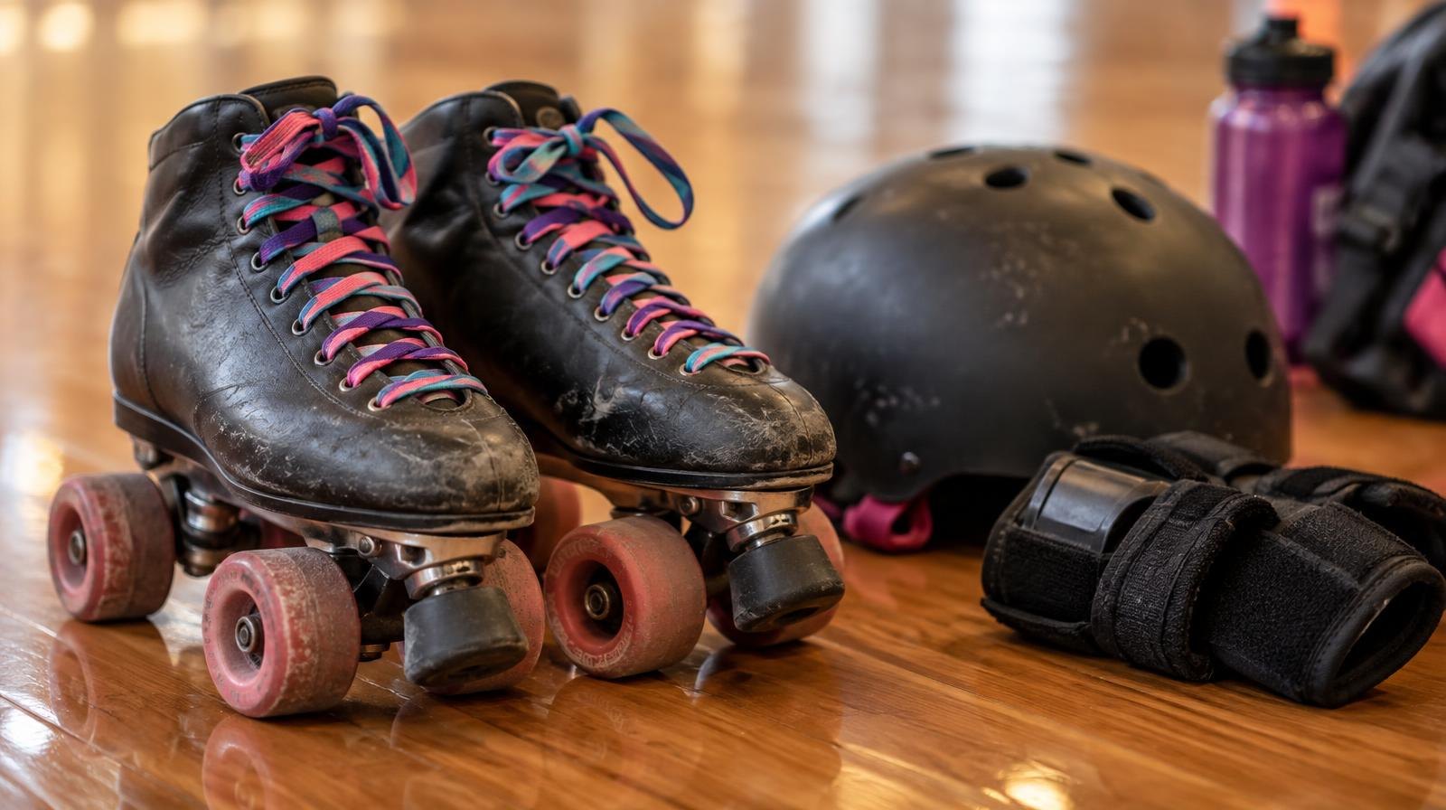 Quad roller skates and a helmet resting on a hardwood floor.