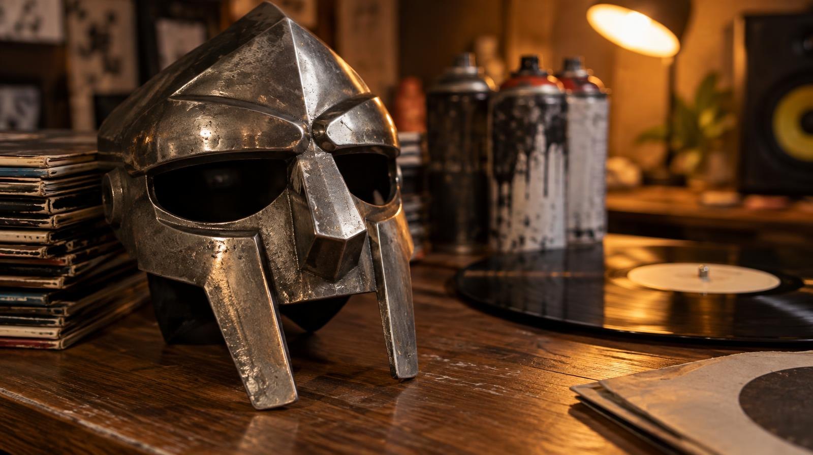 Metal supervillain mask beside vinyl records and spray paint cans on a wooden surface.