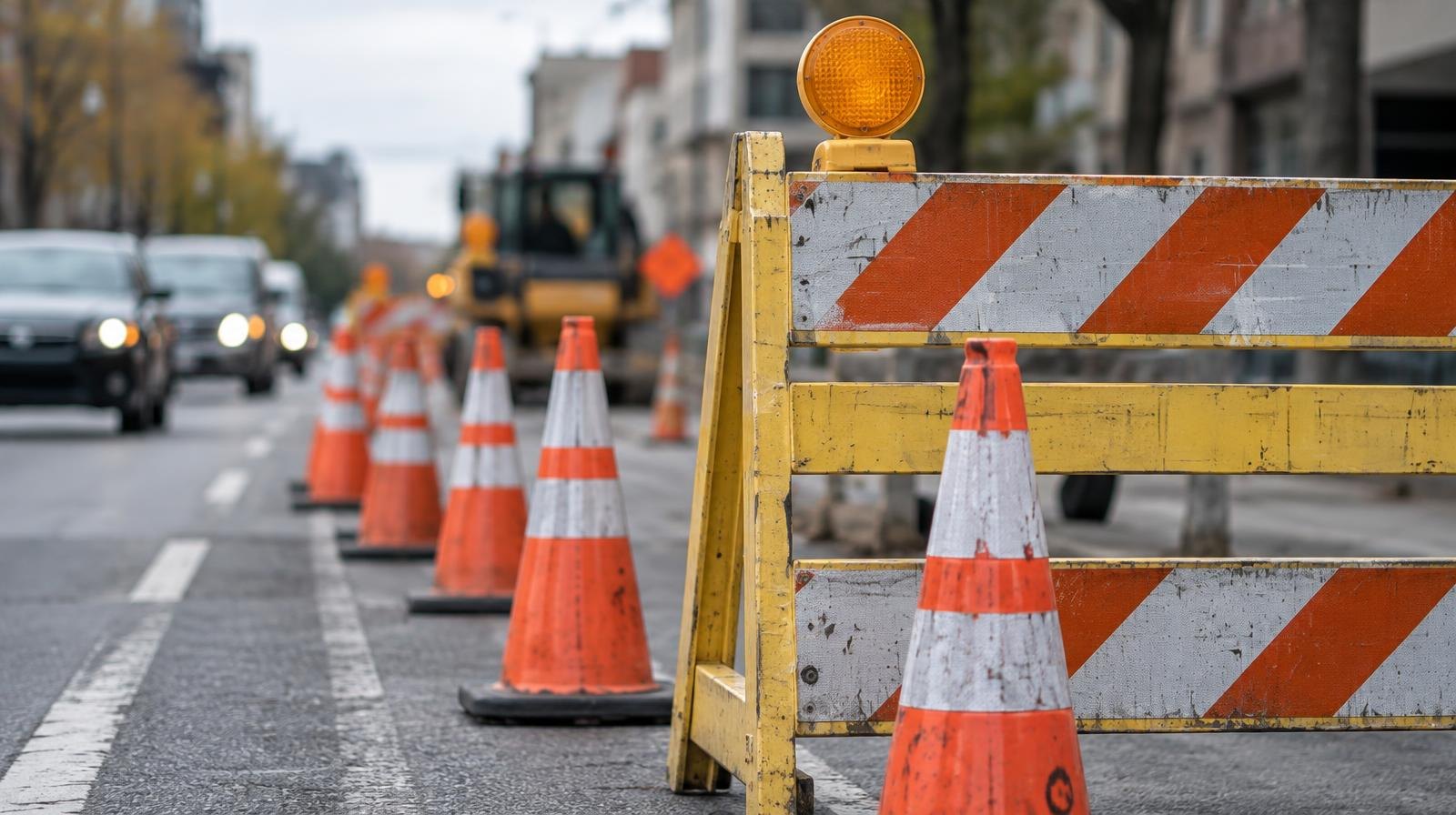 Orange traffic cones and a yellow barrier narrowing a two-lane street to one lane.