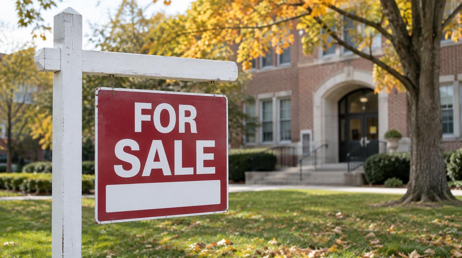 A for-sale real estate sign stands before a brick school building entrance amid autumn trees.