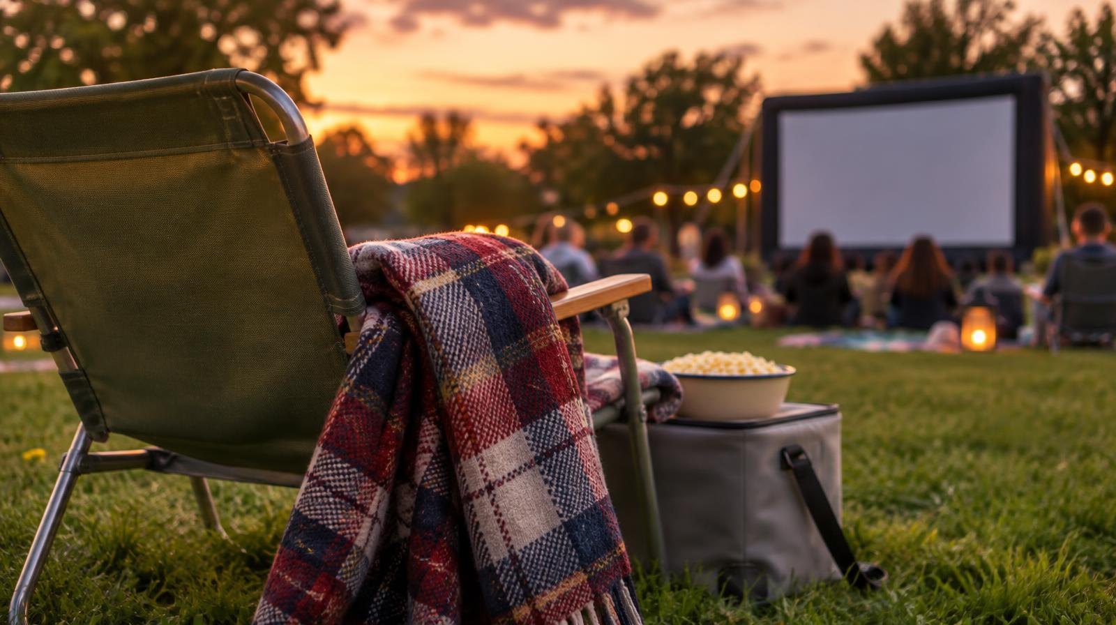 A folded plaid blanket and low lawn chair on green grass at twilight.