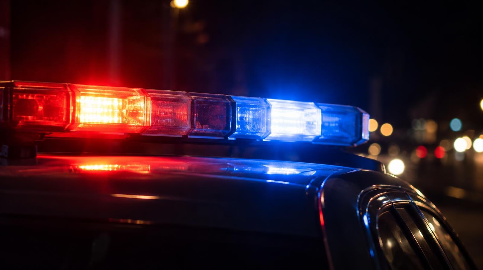 Red and blue emergency lights on a police cruiser roof bar at night.