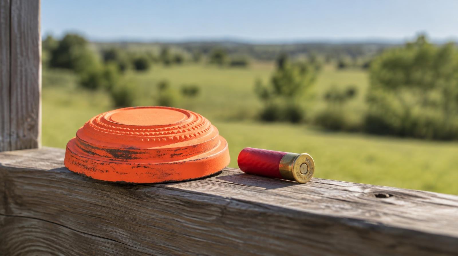 Orange clay pigeon target on a wooden rail with a shotgun shell nearby.