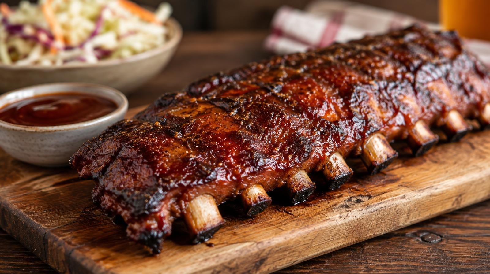 Smoked barbecue ribs on a wooden cutting board with a small dish of sauce.