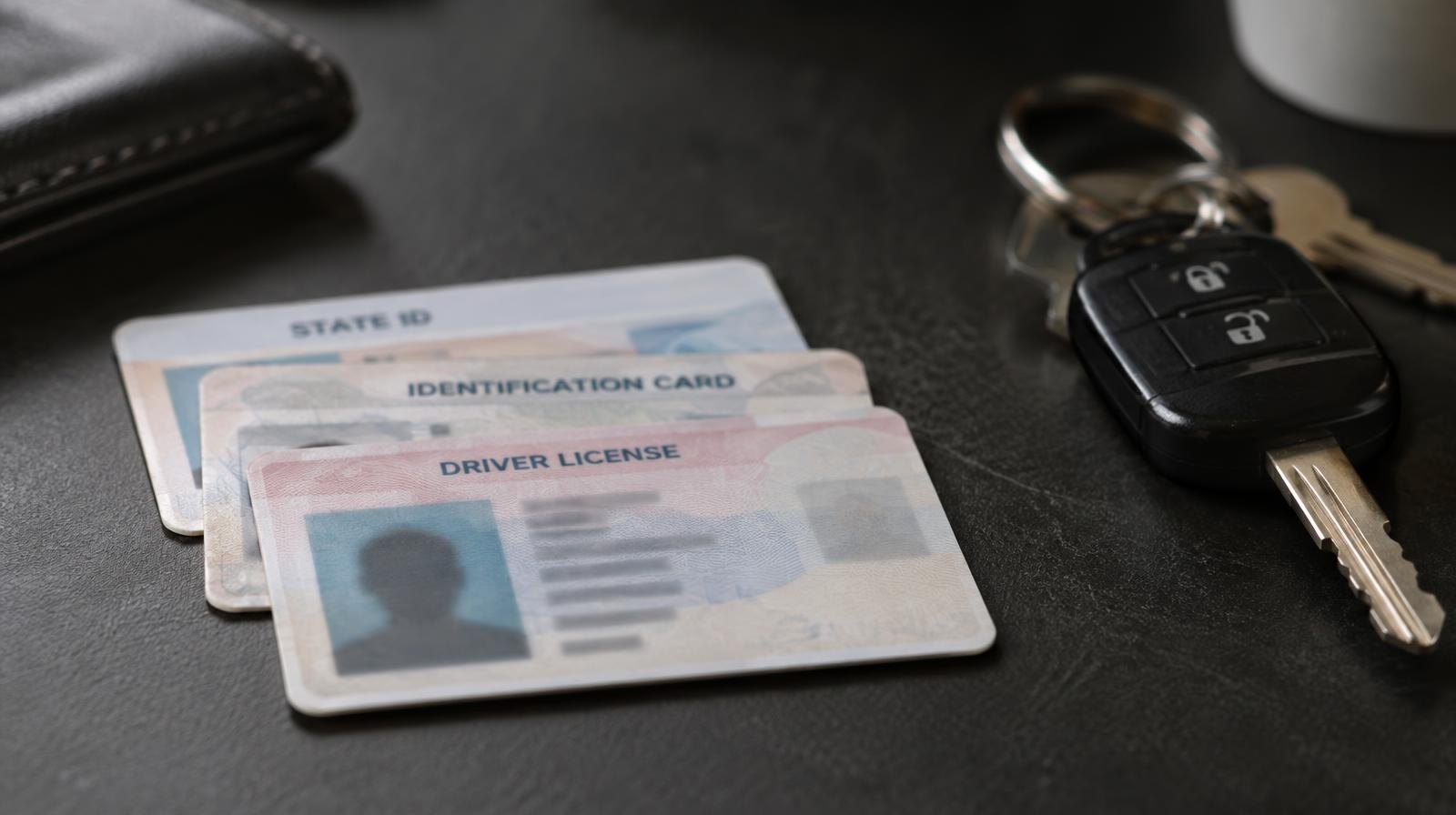 Several paper identification cards fanned out on a dark surface beside car keys.