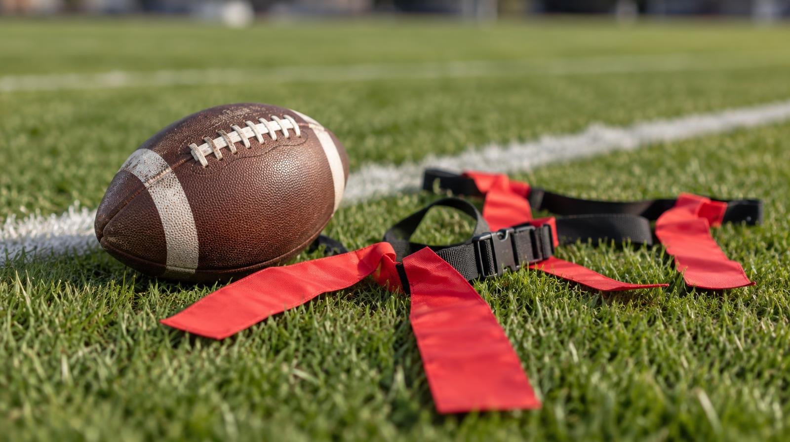 A football and flag football belts and flags on green grass beside a white yard line.