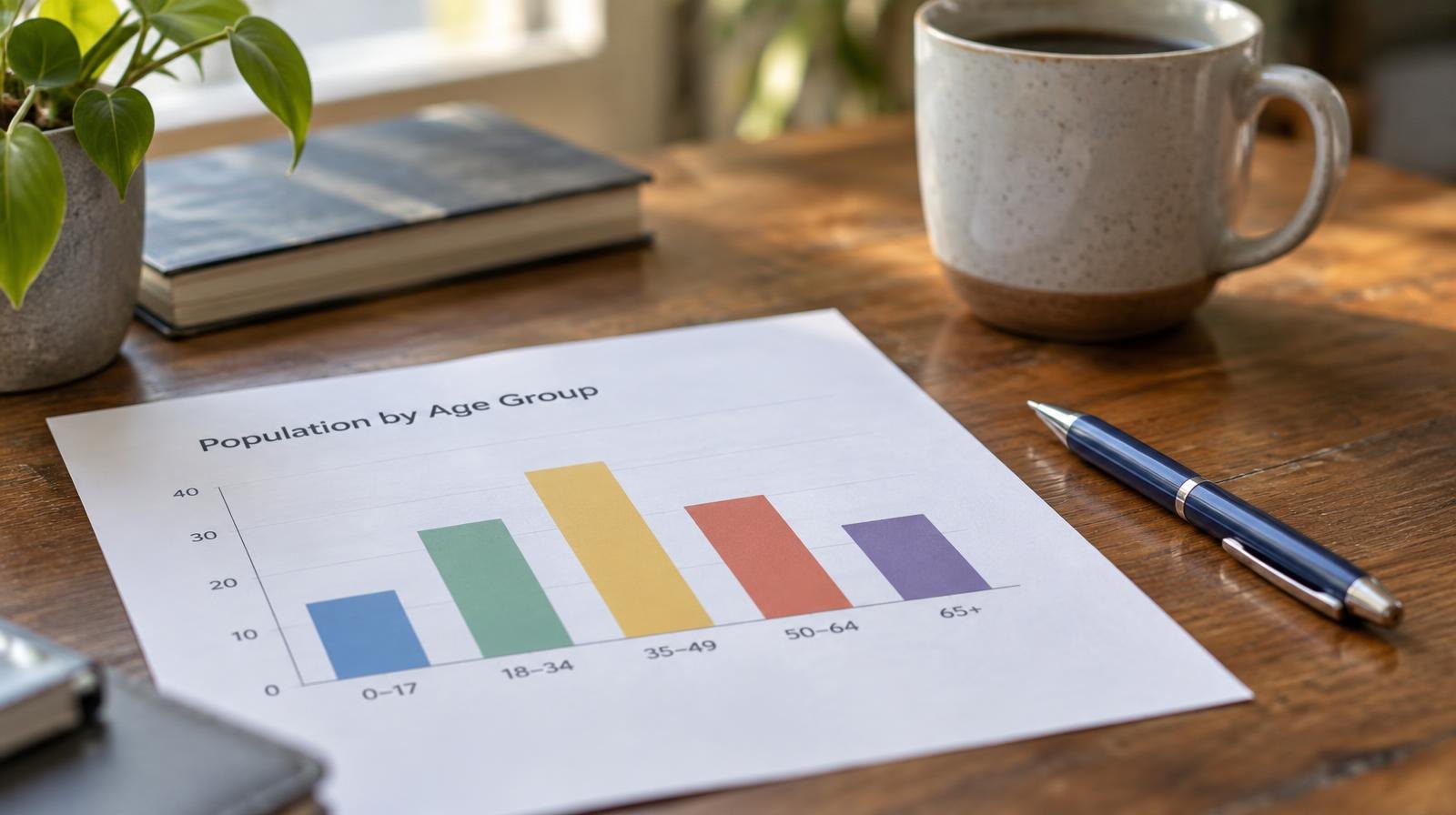 A printed report showing bar charts with a pen resting on a wooden desk.