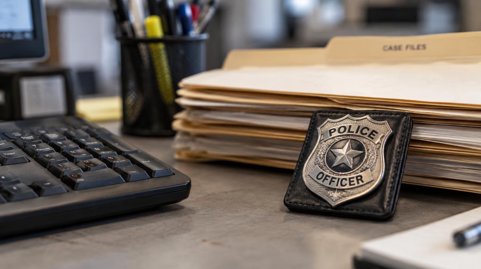 Computer keyboard beside stacked manila folders and a police badge on a desk.