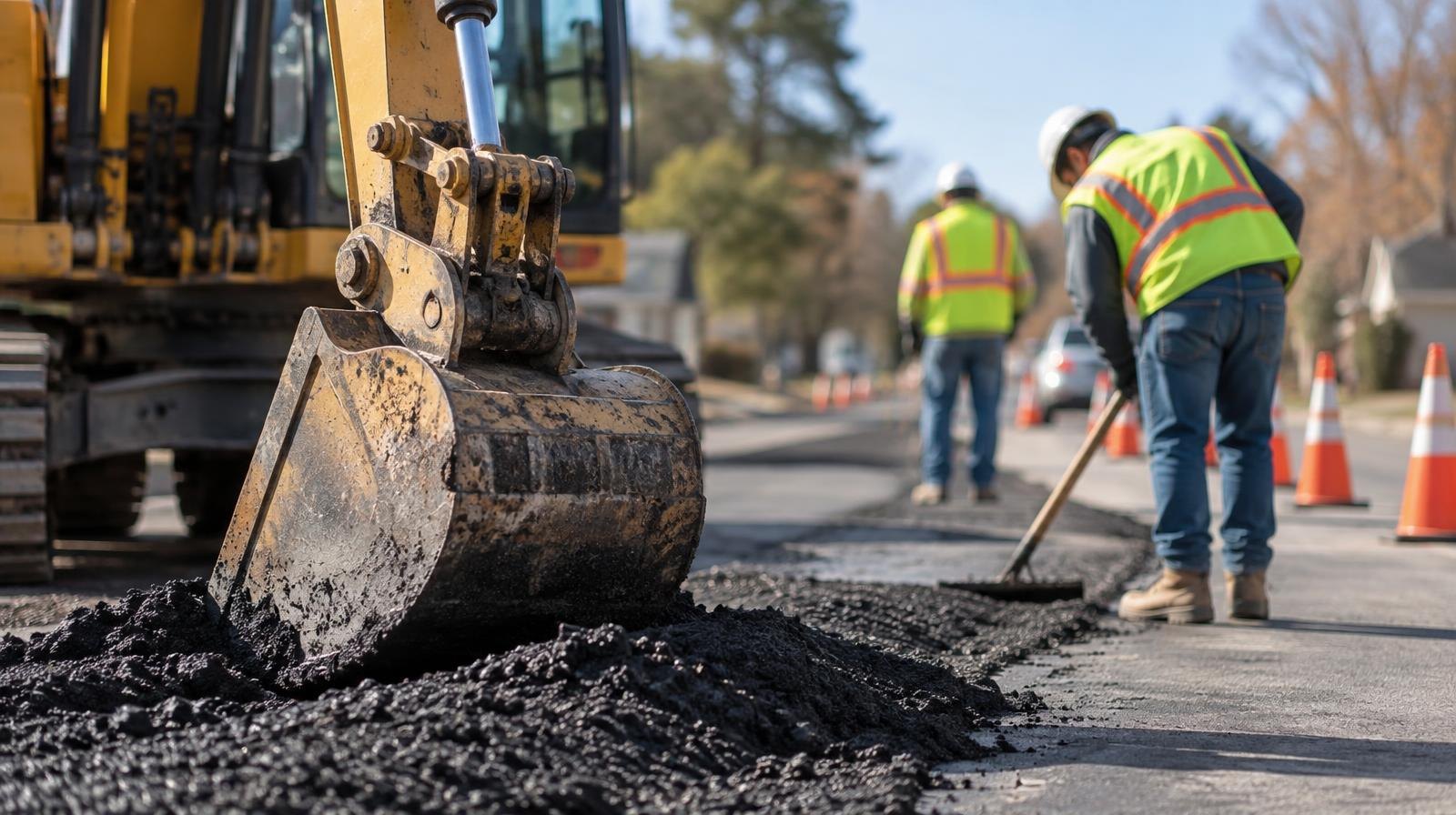 Yellow excavator paving a road with orange traffic cones in a work zone.