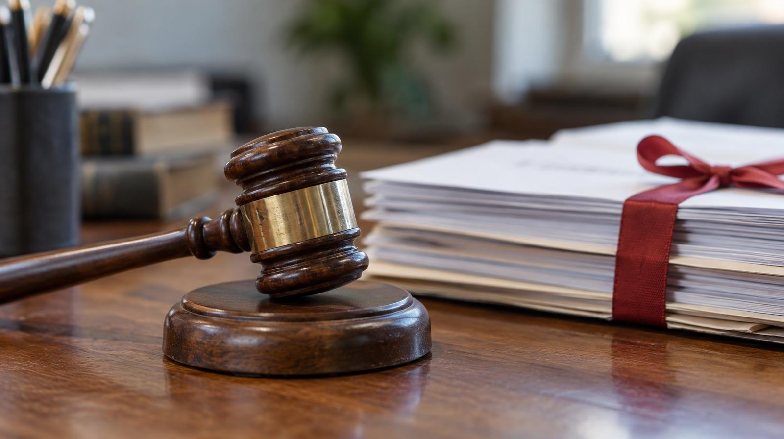 Wooden gavel on its sound block next to stacked legal documents on a desk.