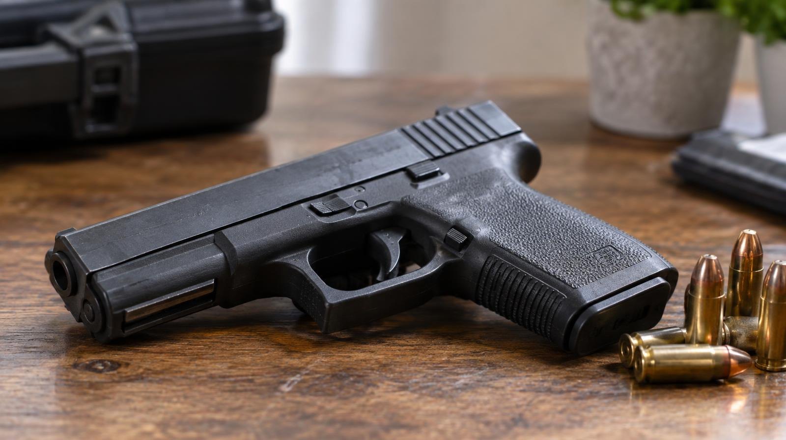 A semiautomatic handgun resting on a wooden surface next to stacked brass cartridges.