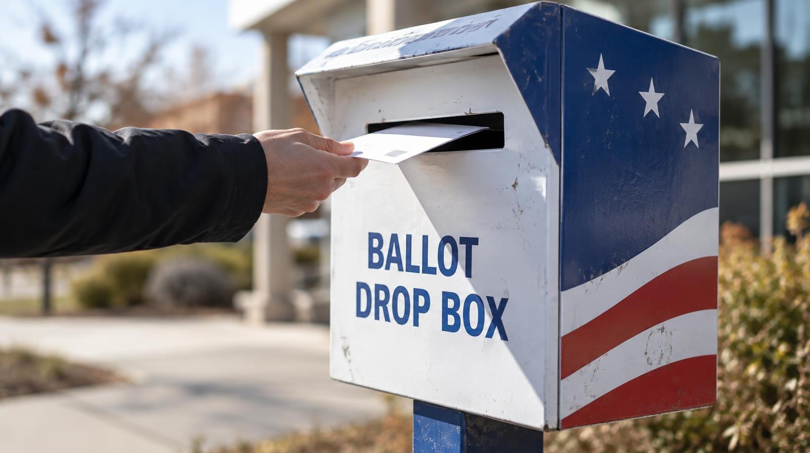 A metal ballot drop box mounted on a post outside a building.