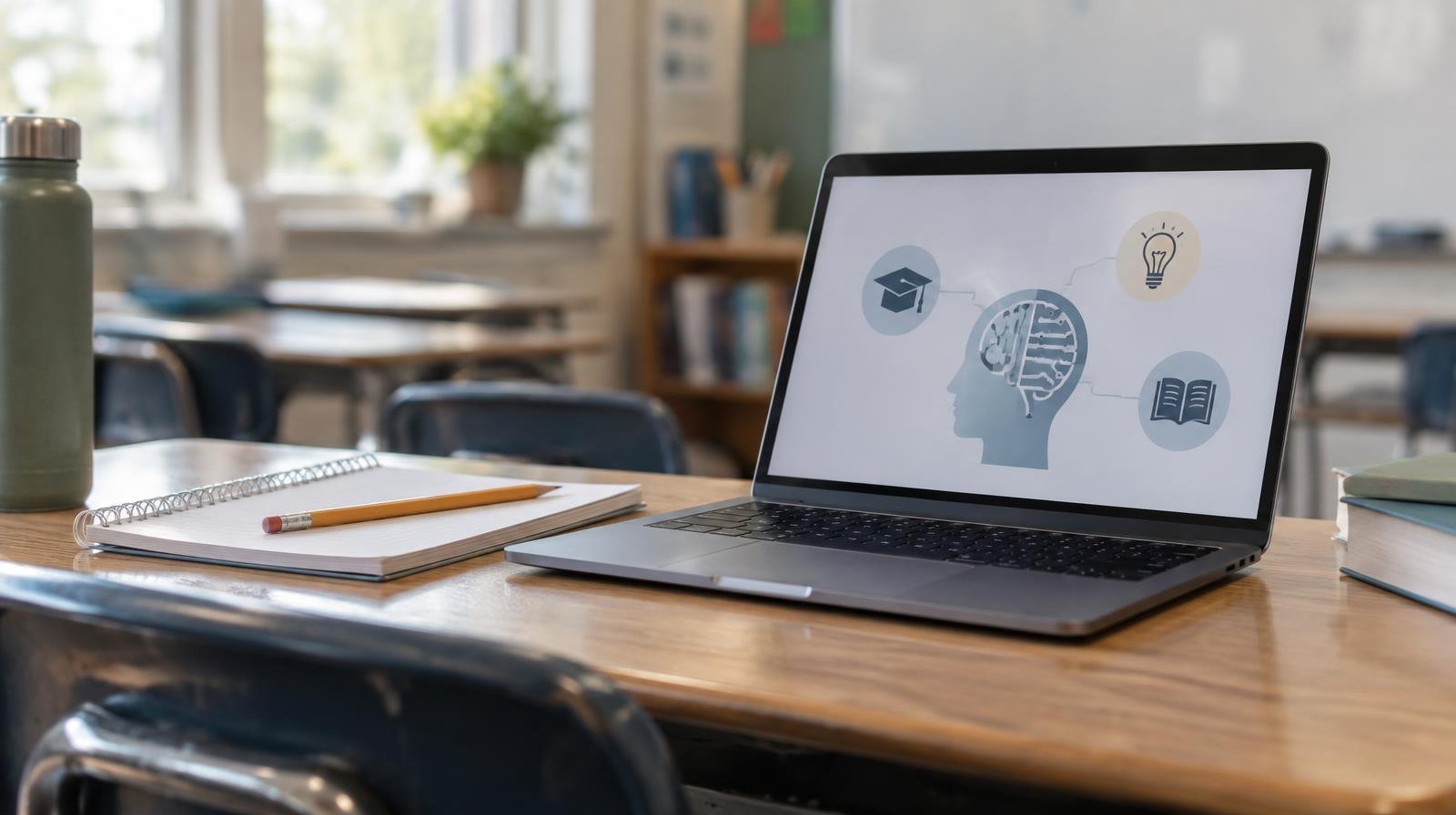 Open laptop beside a spiral notebook and pencil on a school desk.