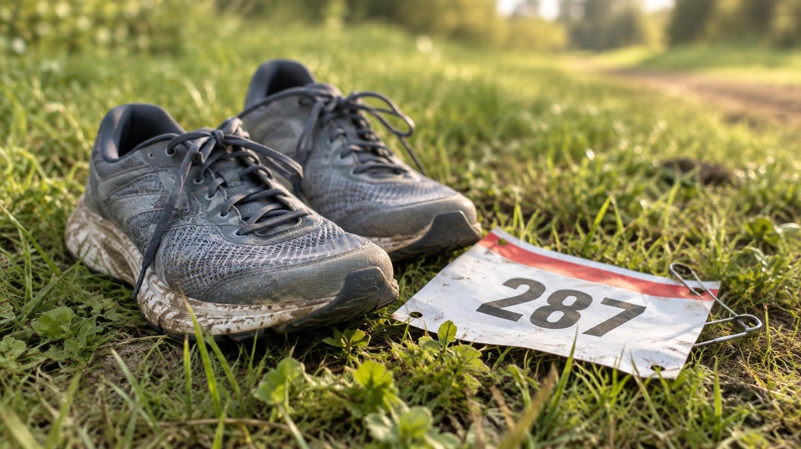 Lightweight running shoes on grass next to a race bib with a safety pin.