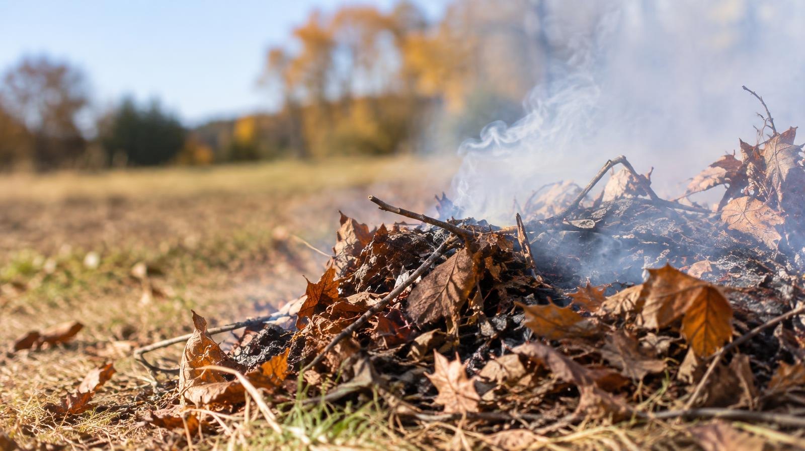 Small pile of dry autumn leaves and yard debris smoldering outdoors with smoke rising.
