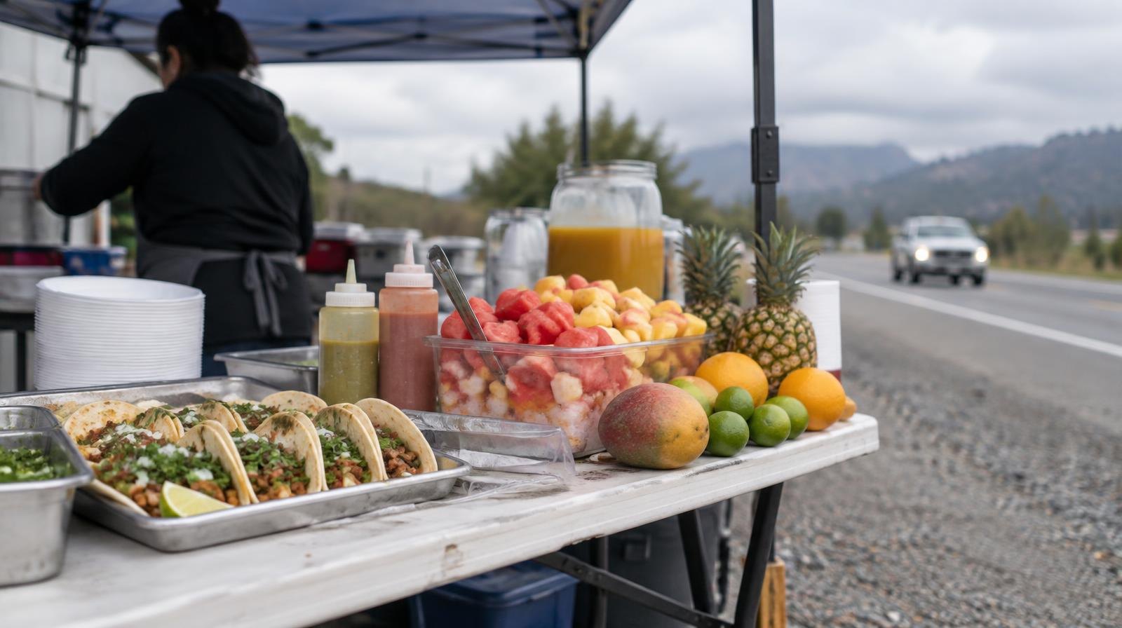A small food vending tent with tacos and fruit on a folding table beside a road.