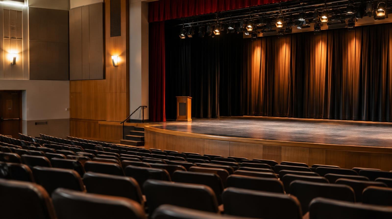 Empty tiered auditorium seats facing a raised stage with overhead theatrical lighting.