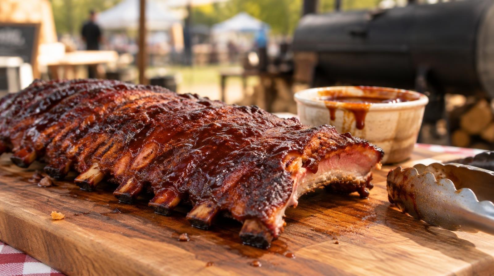 Rack of smoked ribs on a wooden cutting board with a bowl of sauce.