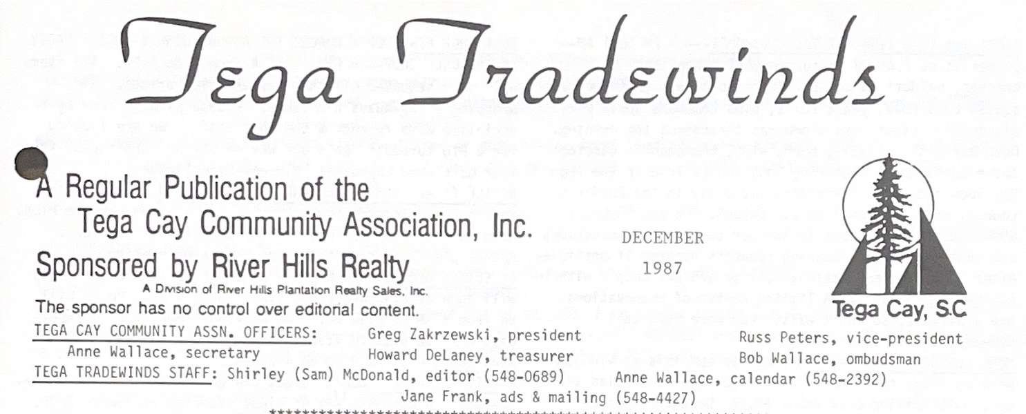 Masthead of the December 1987 Tega Tradewinds community newsletter.