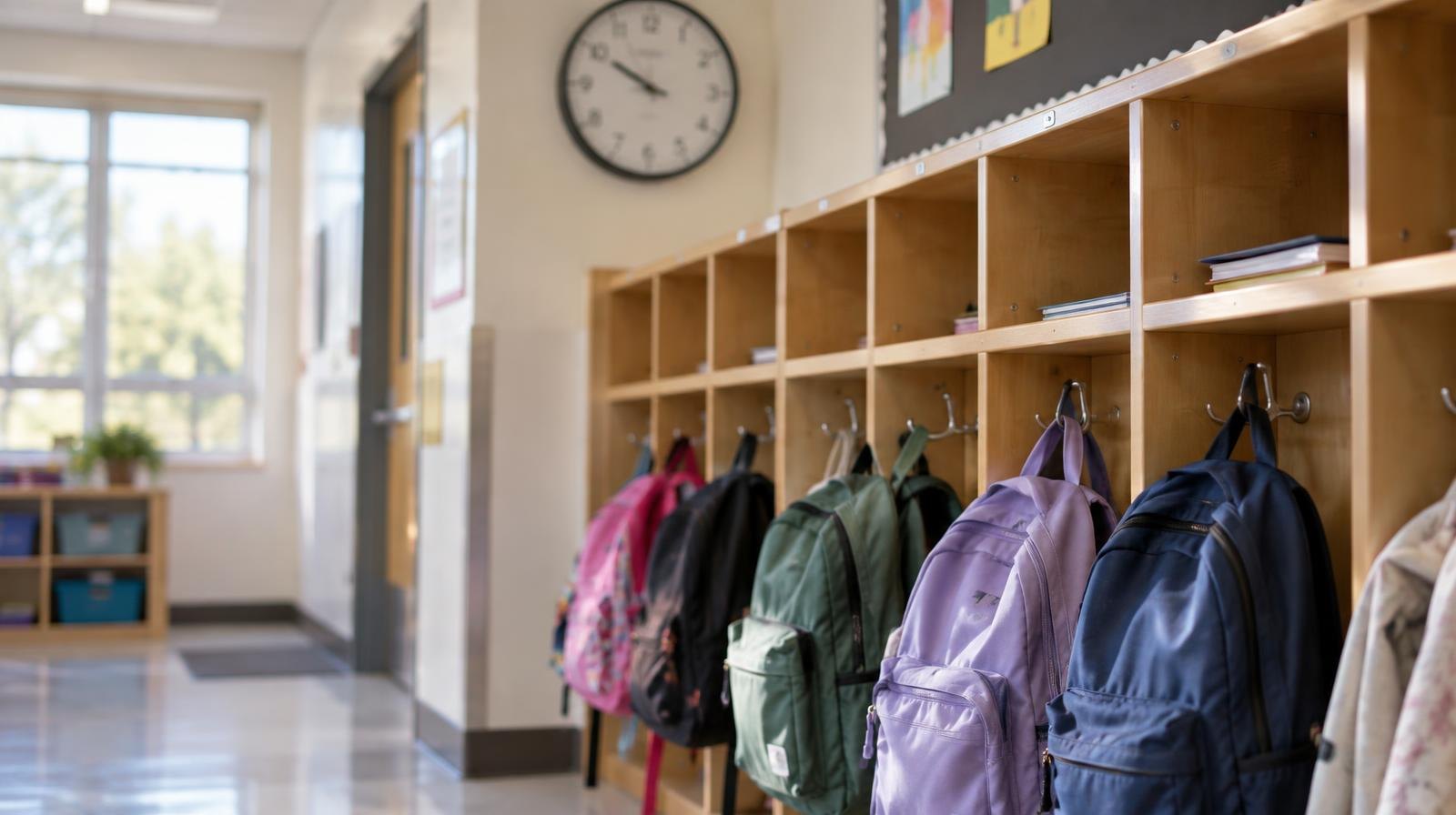 A row of empty school cubbies with backpacks hanging on hooks beneath a wall clock.