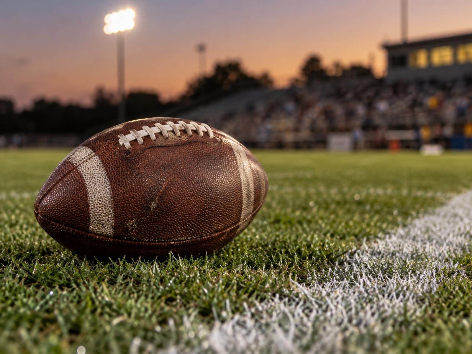 An American football resting on green grass next to a white yard line under stadium lights.