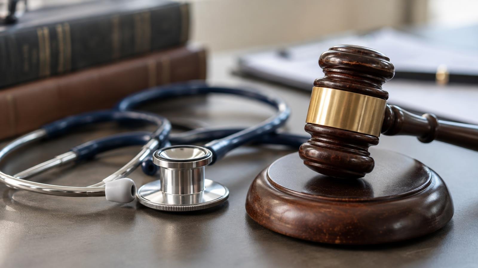 A stethoscope and wooden gavel resting side by side on a plain surface.
