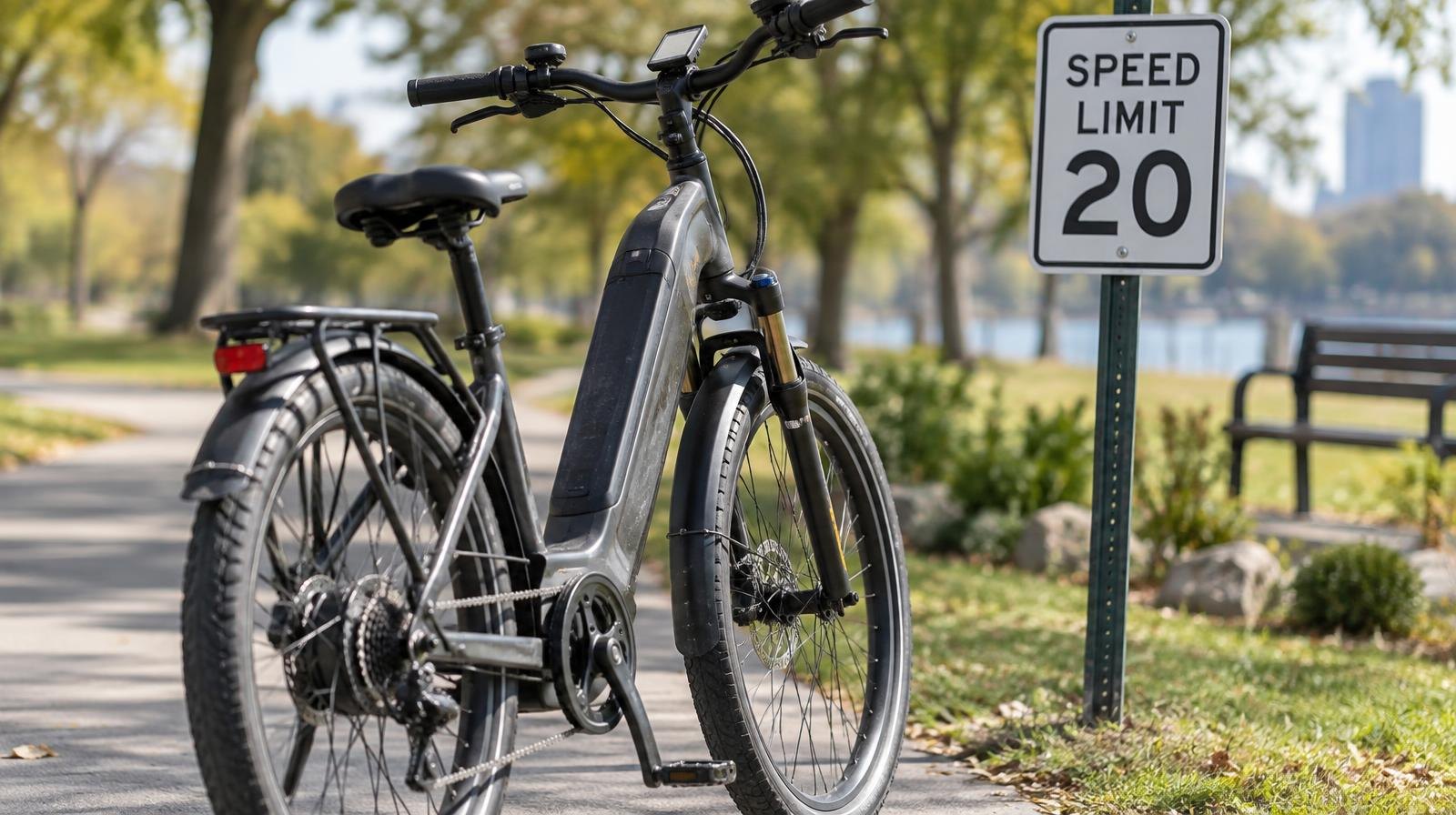 An electric bicycle parked on a paved path next to a speed limit sign.