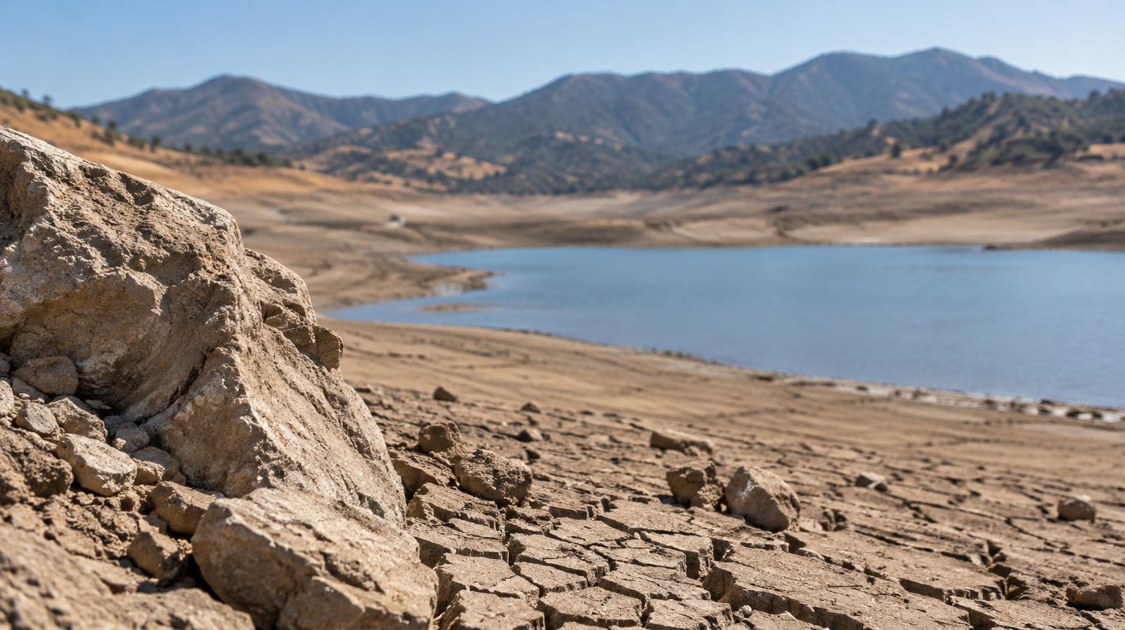 A reservoir with low water and a wide band of dry, cracked earth along its shoreline.