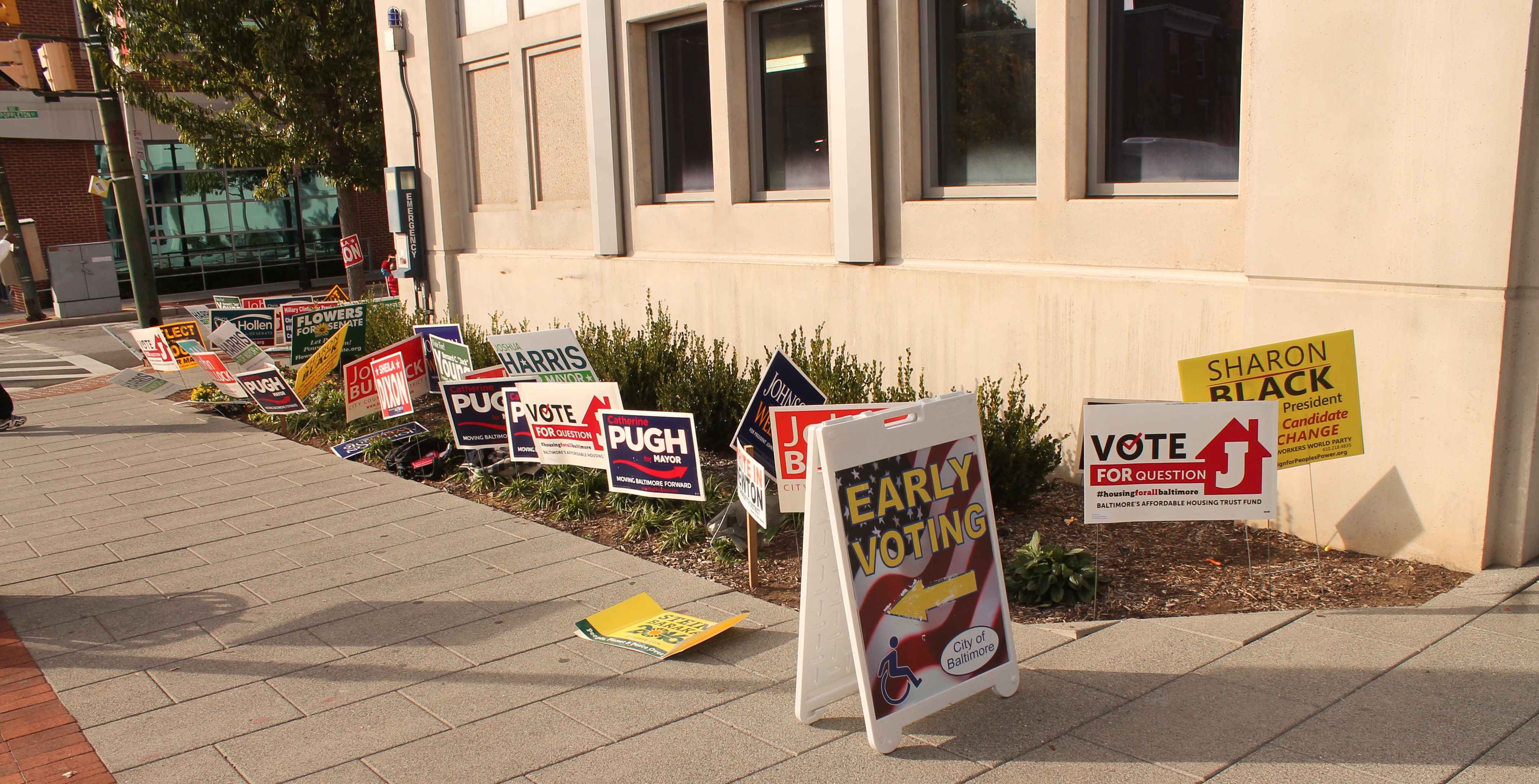 An Early Voting sandwich board sign stands among campaign yard signs on a sidewalk outside a polling location.