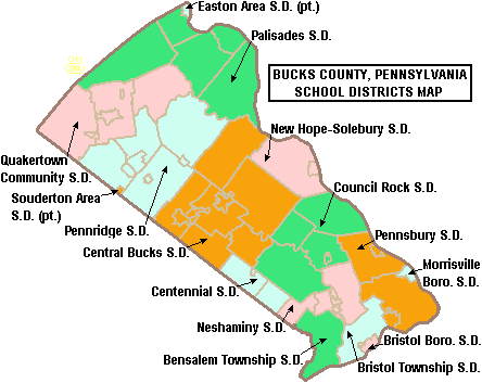 Color-coded map showing school district boundaries across Bucks County, Pennsylvania.
