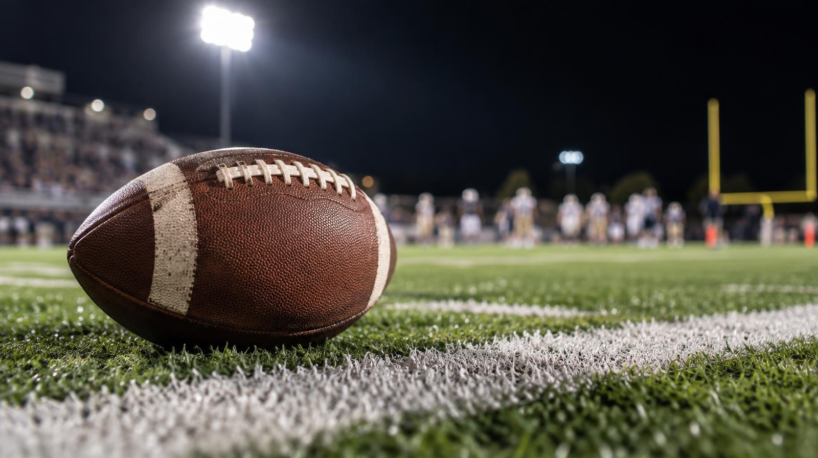 An American football resting on green turf beside a white yard line.