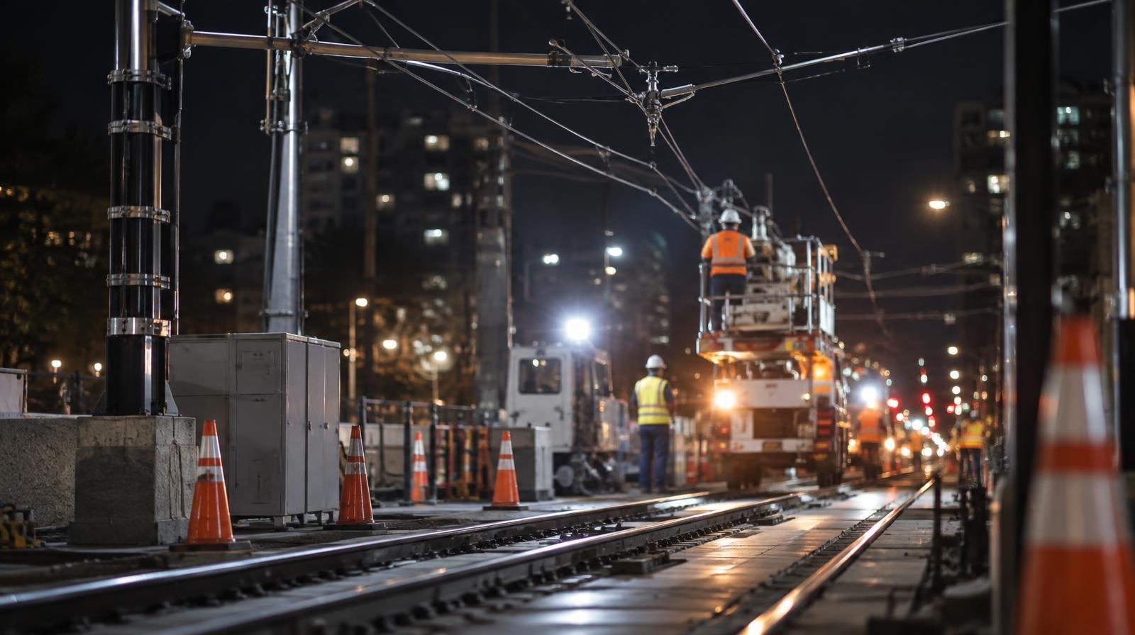 Overhead electric wires strung above a light rail track at night with orange traffic cones below.