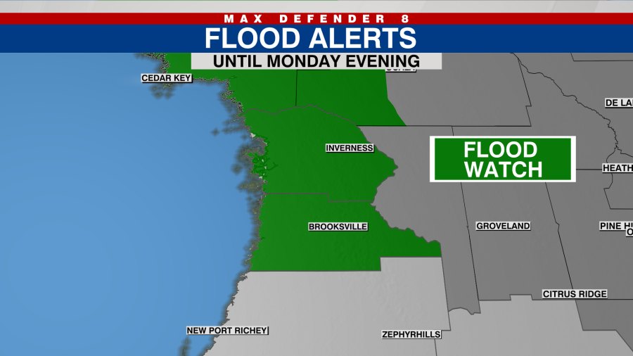 Weather map showing a Flood Watch covering several Florida Nature Coast counties.