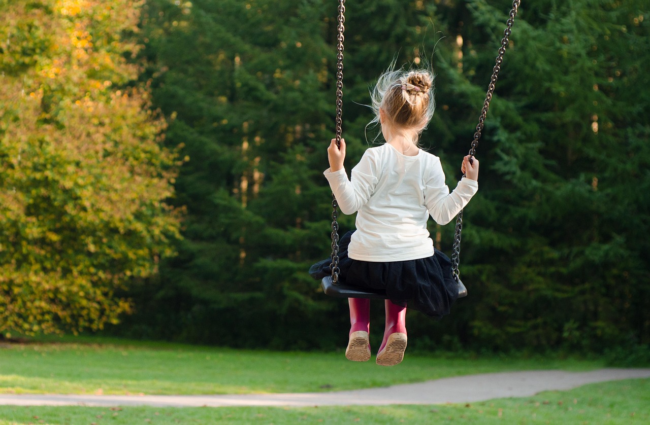 Girl, swing, rocking, autumn, fall, green, trees, young, play, fun, playground, happy, swinging, leisure, person, child,