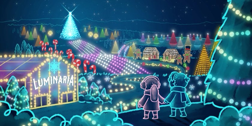 Illustrated holiday light display with glowing trees, gingerbread houses, and two small figures at night.