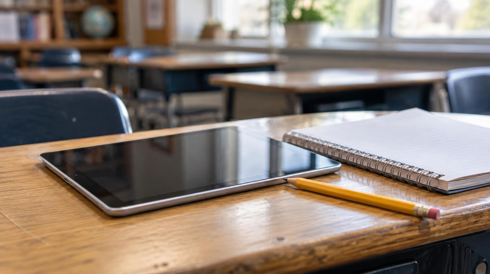 A tablet computer on a wooden school desk beside a pencil and notebook.